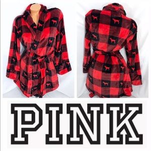 Brand new Victoria's Secret Pink Robe, Plaid/buffalo check Red & Black Dog Logo